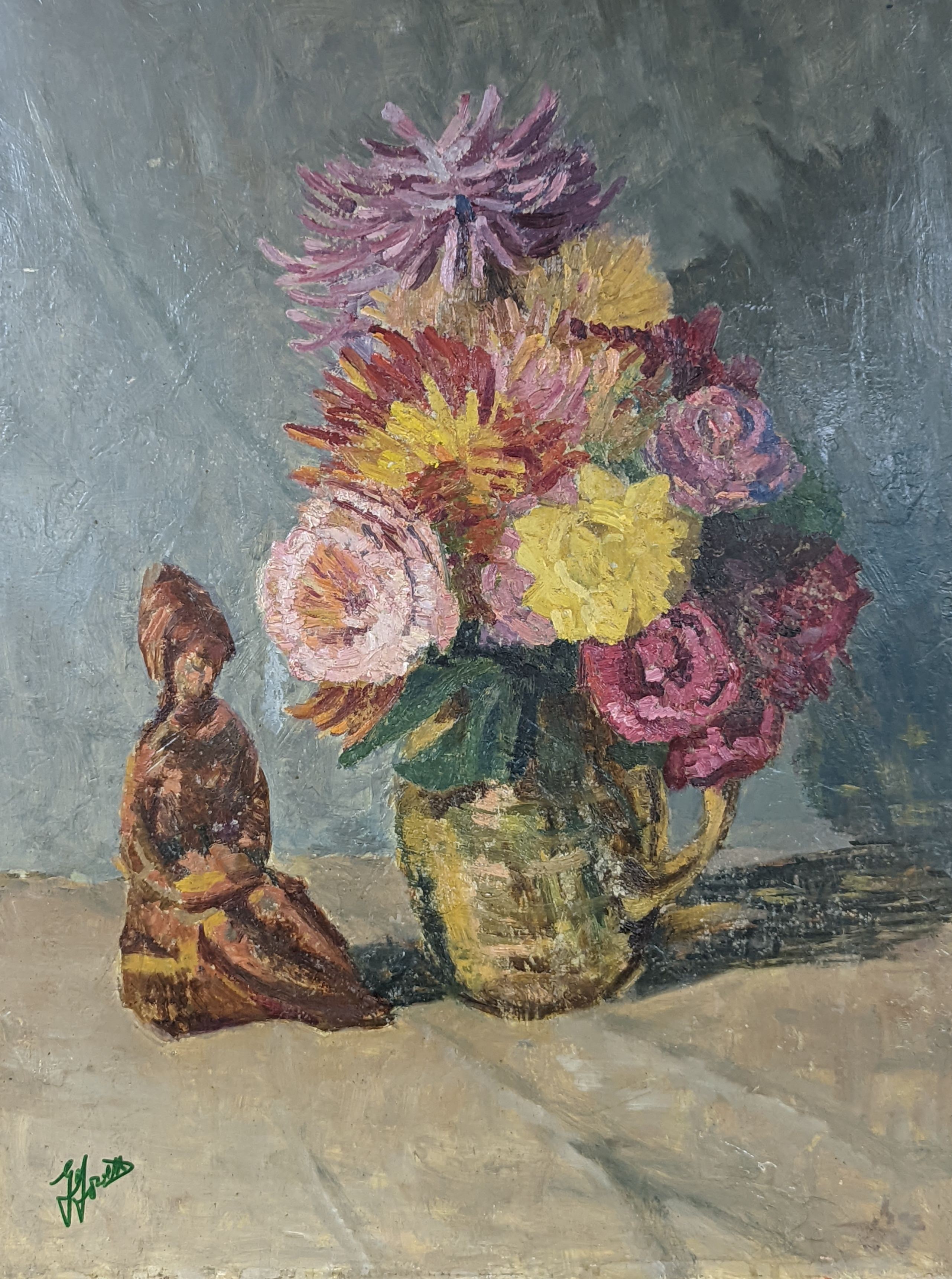 George Jowett, oil on board, Still life of flowers and a Chinese figure, signed, 61 x 46cm, unframed